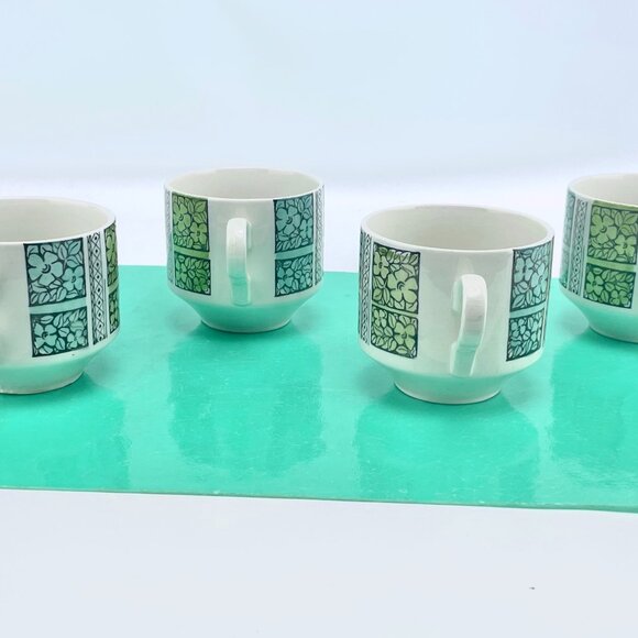 Vintage 60s Broadhurst England mugs, cream teal green, Corinth pattern, set of 4 - Picture 6 of 9